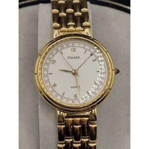 Vintage Pulsar V337-6040 Mens Red Cabochon Stem Gold Calendar Watch  + Box.